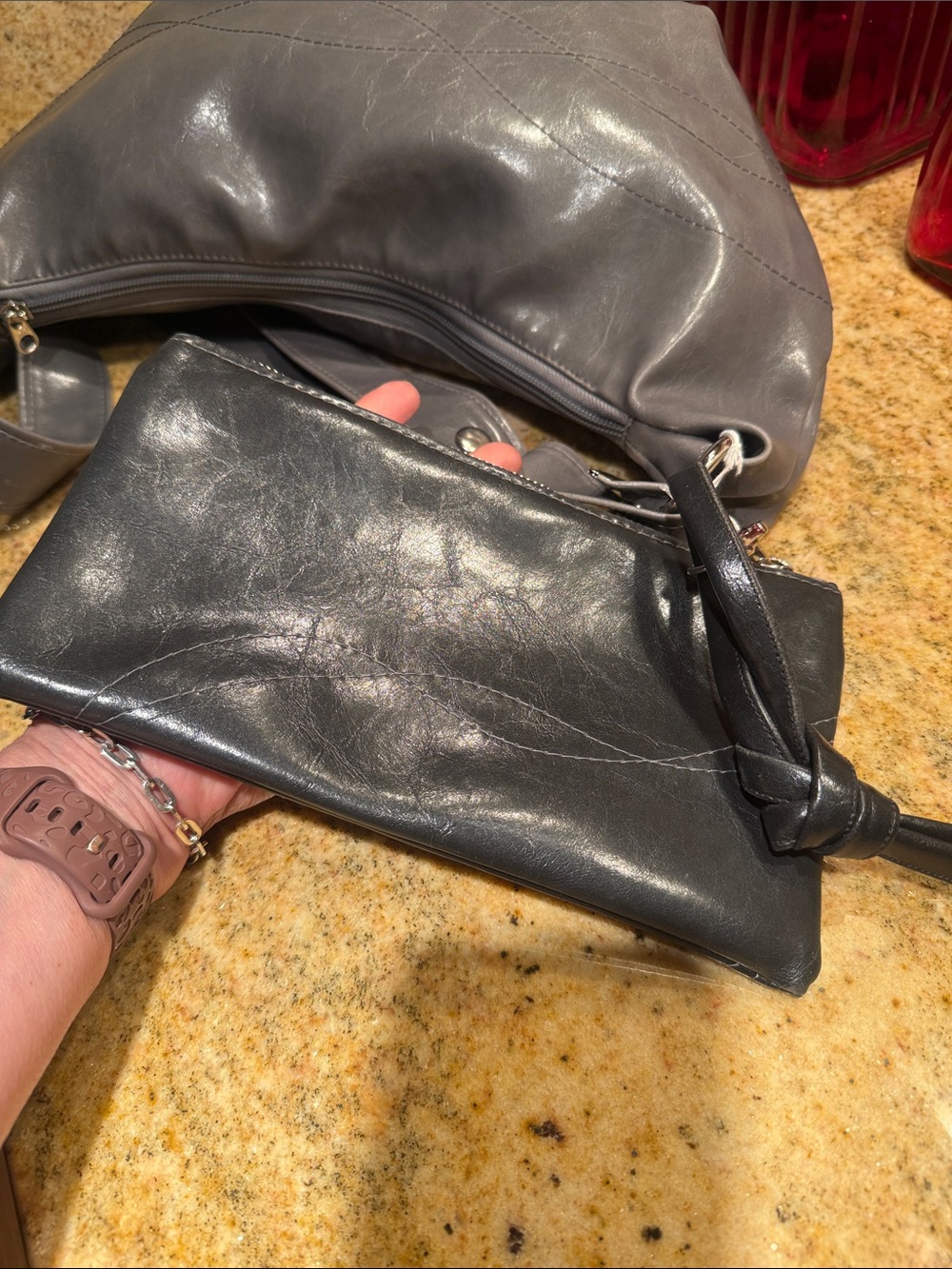 Crystalyn Kae Gray half moon purse with matching black Pouch. NWOT vegan